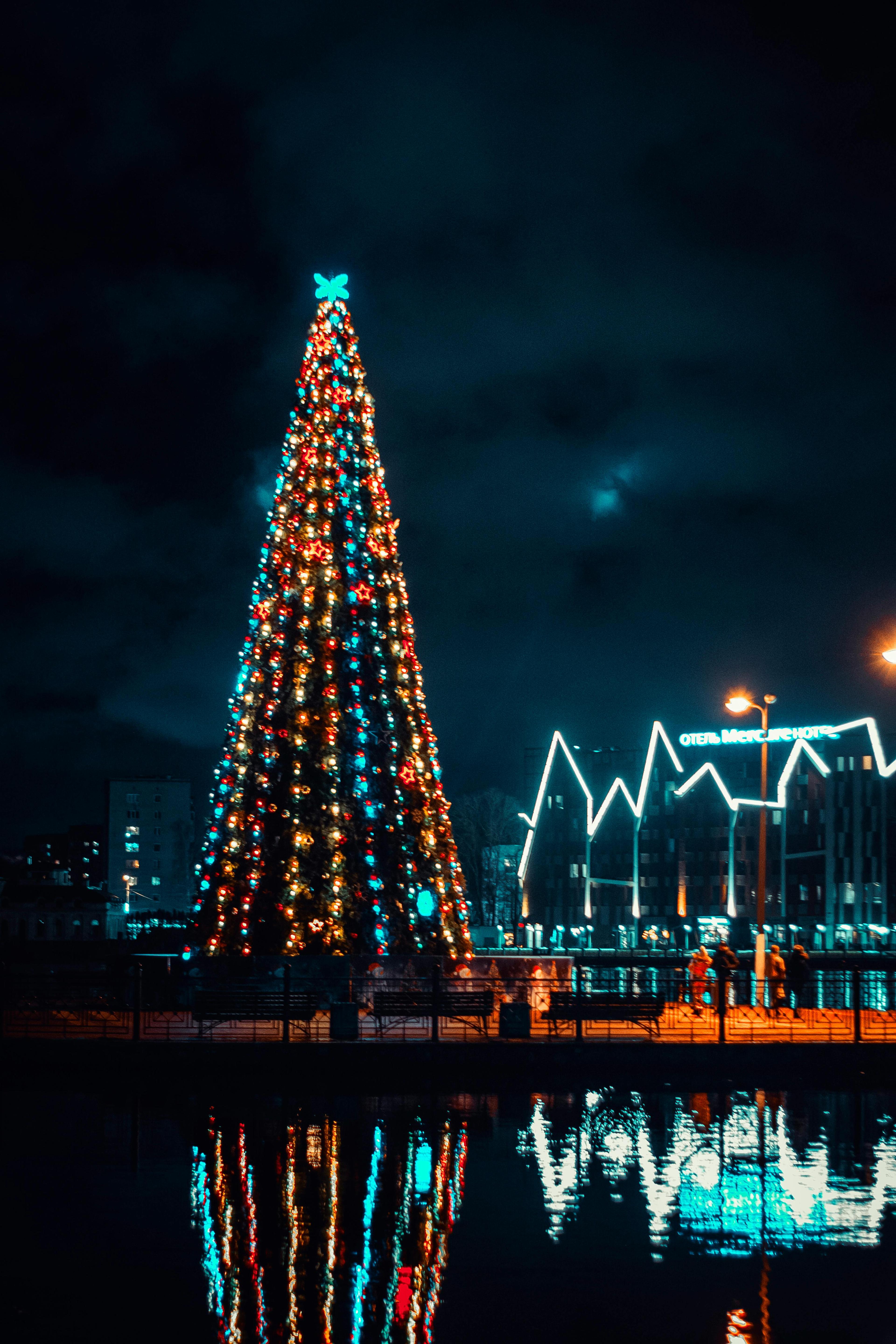 A large Christmas tree adorned with colorful lights reflecting on water at night.